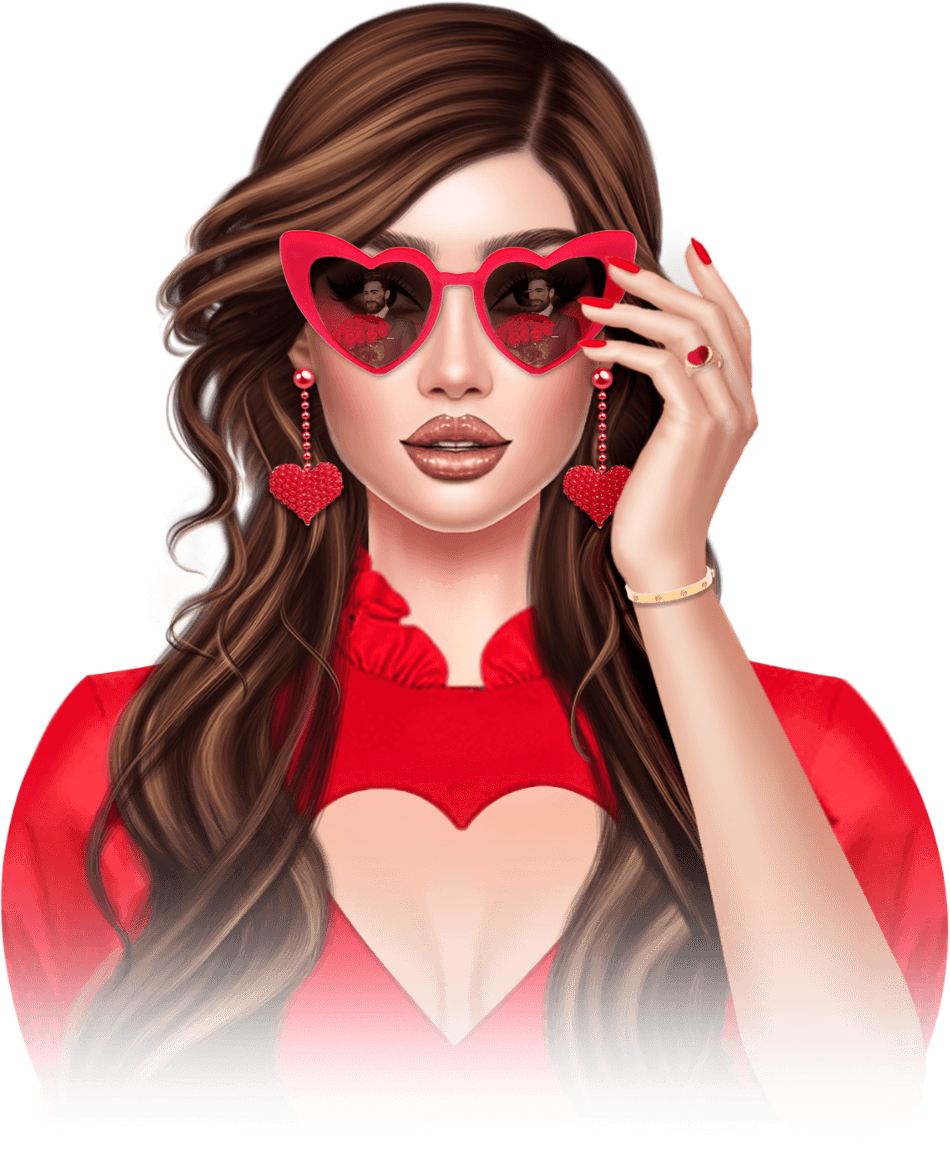 Woman in heart-shaped glasses and red dress with wavy hair, posing confidently